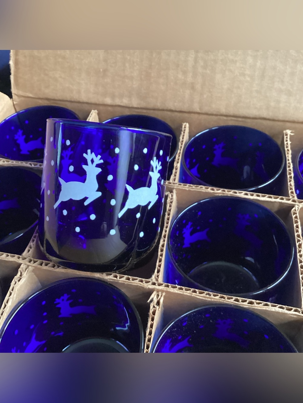 Libbey Cobalt blue reindeer glasses, set of 12 NIB RARE